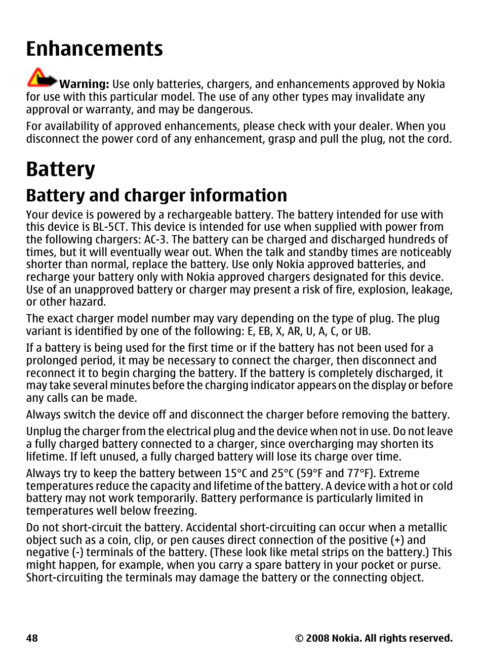 Enhancements, Battery, Battery and charger information | Enhancements battery | Nokia XPRESSMUSIC 5220 User Manual | Page 48 / 56