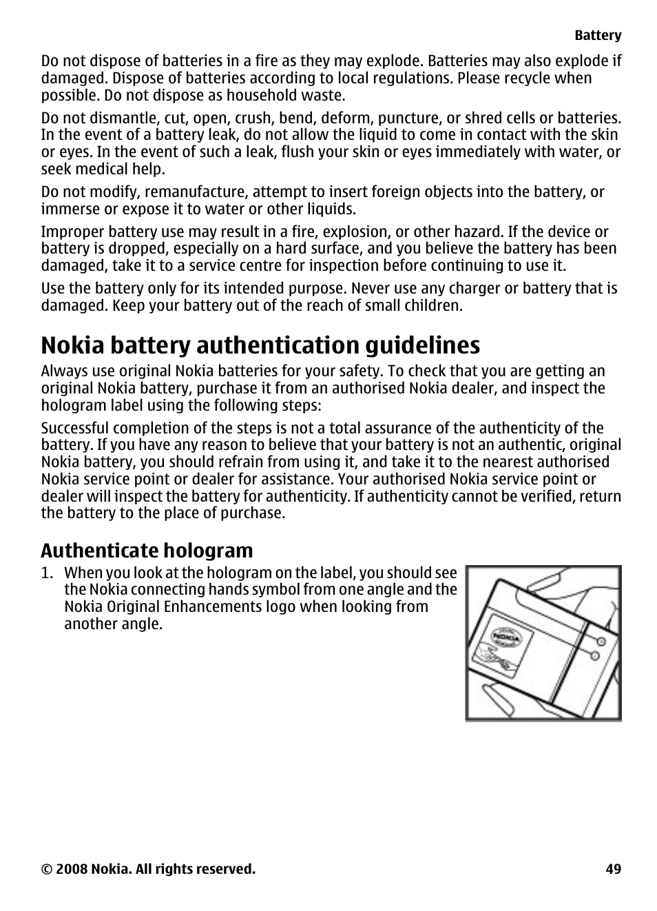 Nokia battery authentication guidelines, Authenticate hologram, Nokia battery authentication | Guidelines | Nokia XPRESSMUSIC 5220 User Manual | Page 49 / 56
