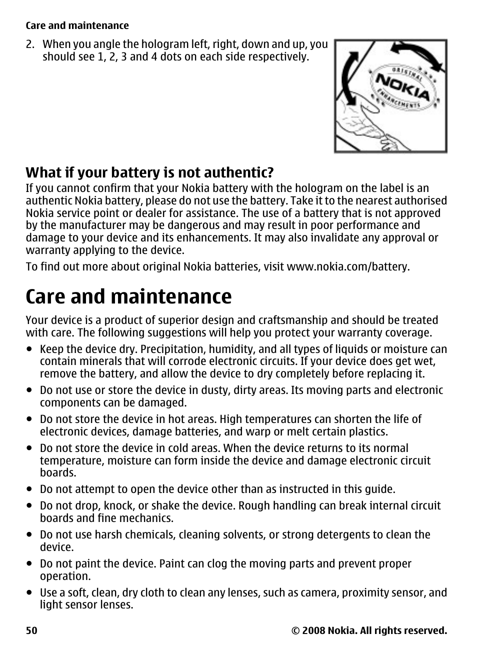 What if your battery is not authentic, Care and maintenance, What if your battery is not | Authentic | Nokia XPRESSMUSIC 5220 User Manual | Page 50 / 56