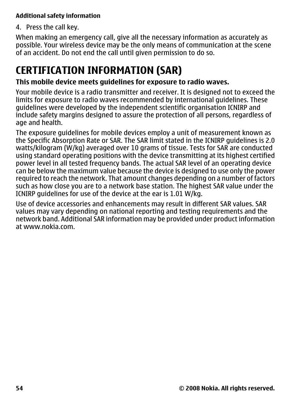 Certification information (sar), Certification information, Sar) | Nokia XPRESSMUSIC 5220 User Manual | Page 54 / 56