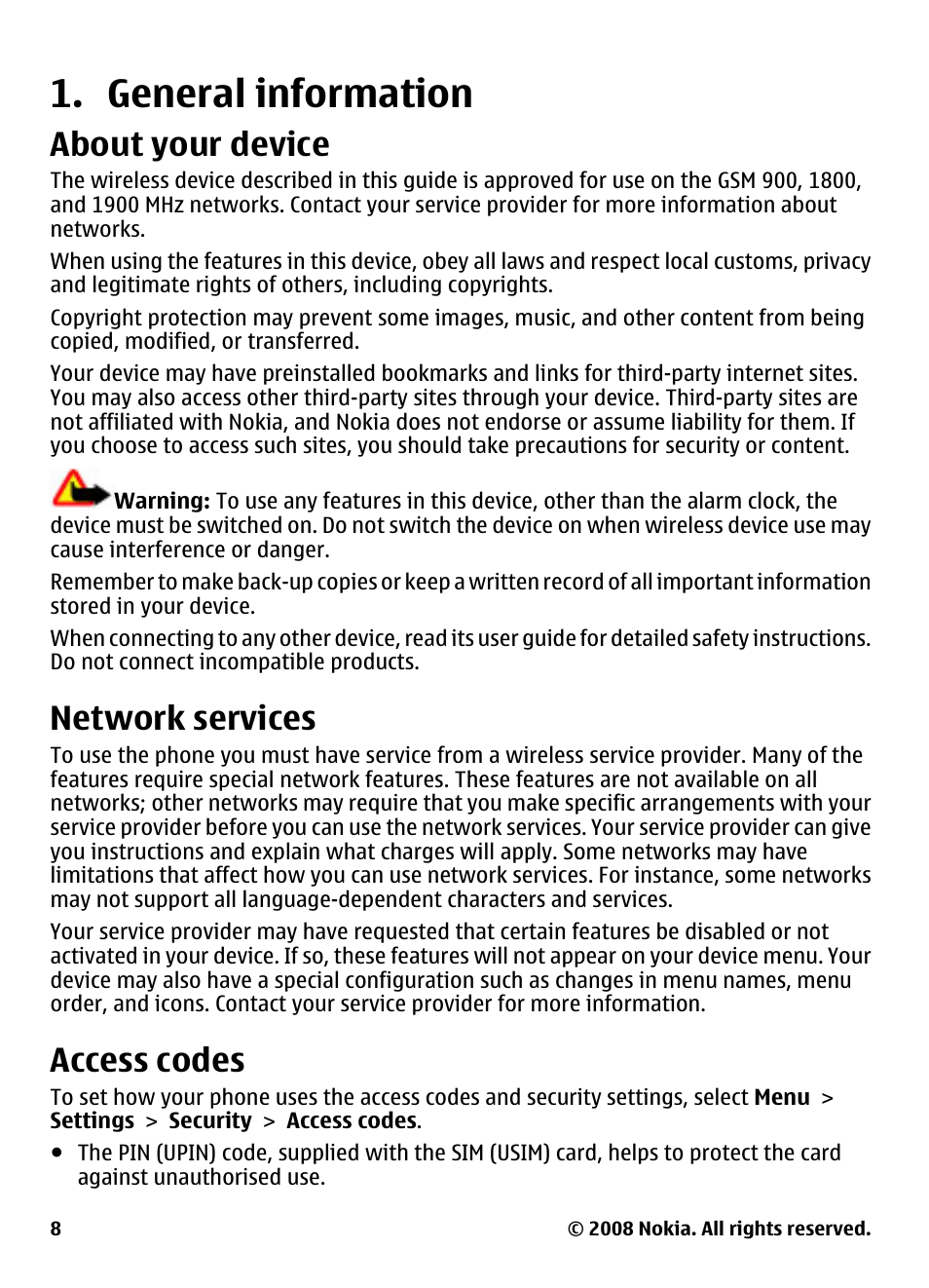 General information, About your device, Network services | Access codes | Nokia XPRESSMUSIC 5220 User Manual | Page 8 / 56