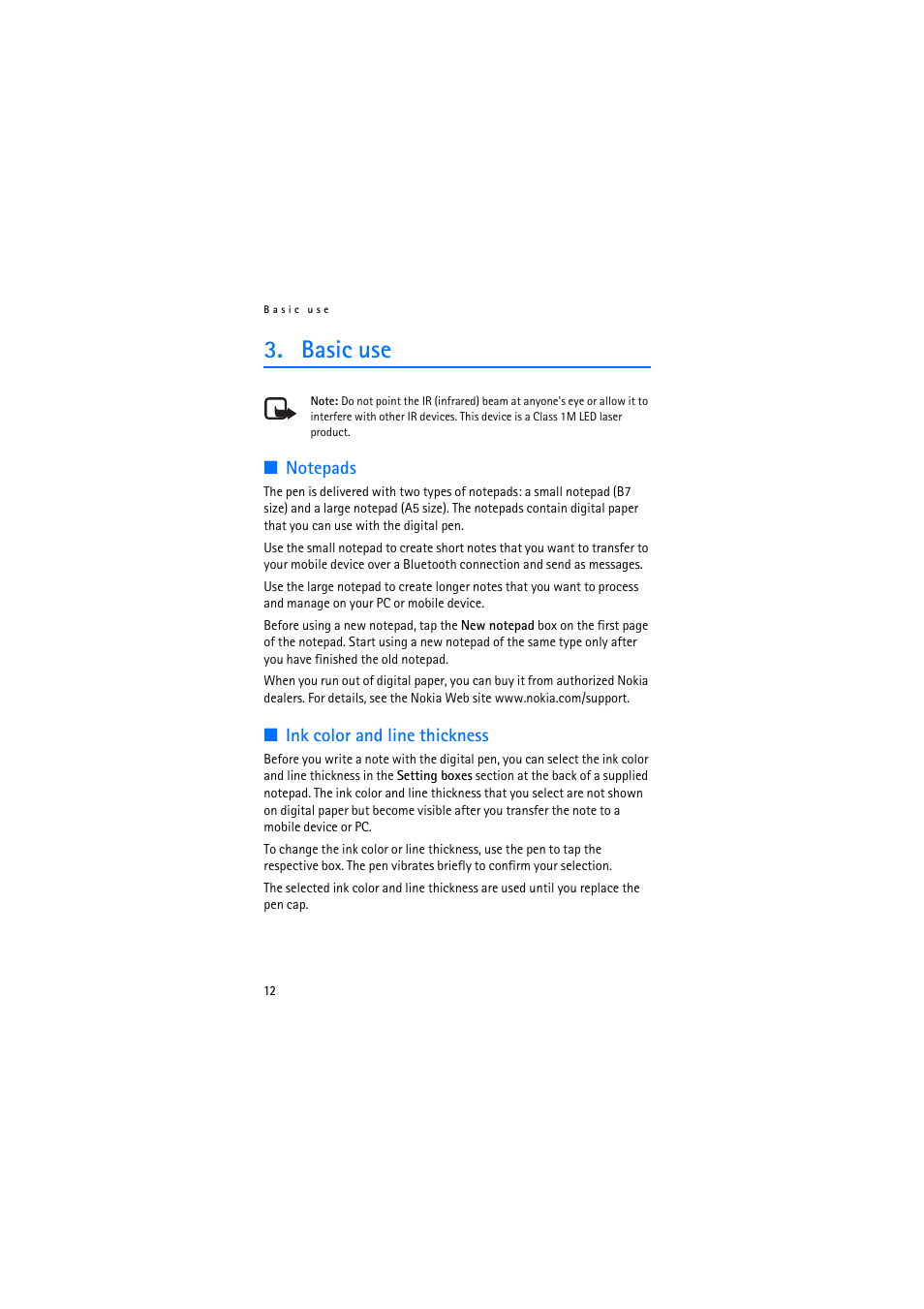 Basic use, Notepads, Ink color and line thickness | Notepads ink color and line thickness | Nokia SU-27W User Manual | Page 12 / 17
