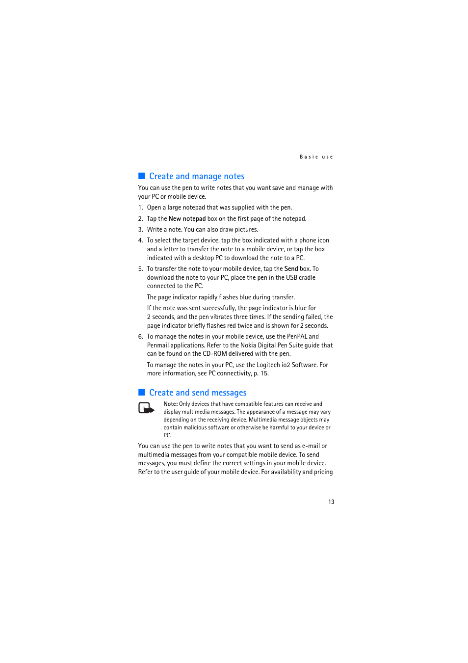 Create and manage notes, Create and send messages, Create and manage notes create and send messages | Nokia SU-27W User Manual | Page 13 / 17