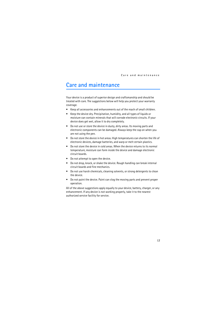 Care and maintenance | Nokia SU-27W User Manual | Page 17 / 17