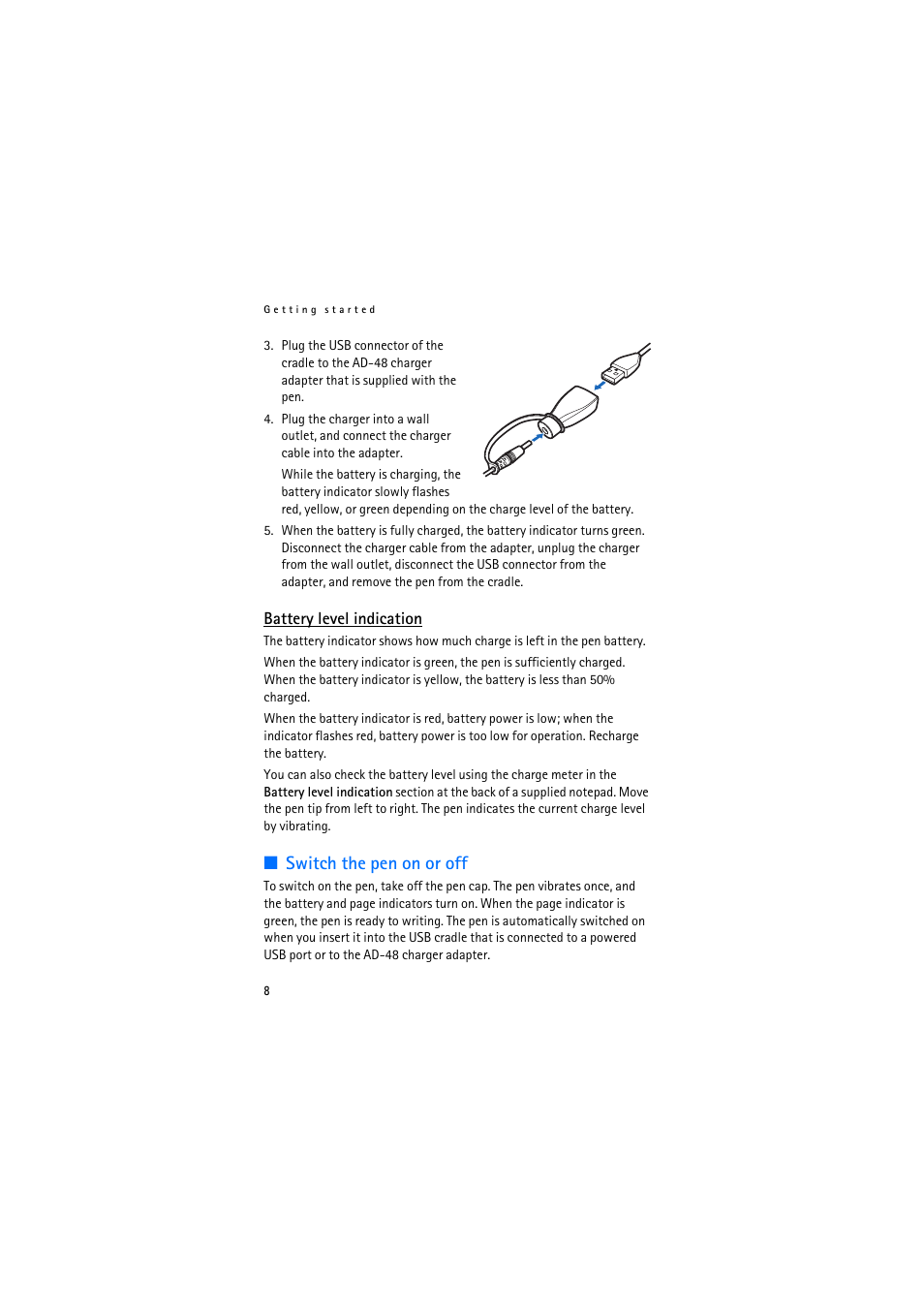 Battery level indication, Switch the pen on or off | Nokia SU-27W User Manual | Page 8 / 17