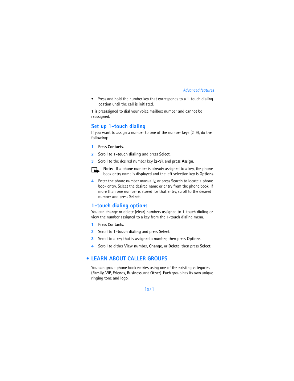 Set up 1-touch dialing, 1 press contacts, 2 scroll to 1touch dialing and press select | Touch dialing options, Learn about caller groups | Nokia 2280 User Manual | Page 105 / 194