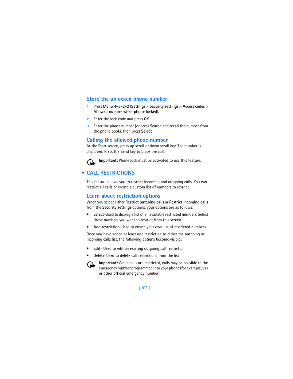Store the unlocked phone number, 2 enter the lock code and press ok, Calling the allowed phone number | Call restrictions, Learn about restriction options | Nokia 2280 User Manual | Page 116 / 194