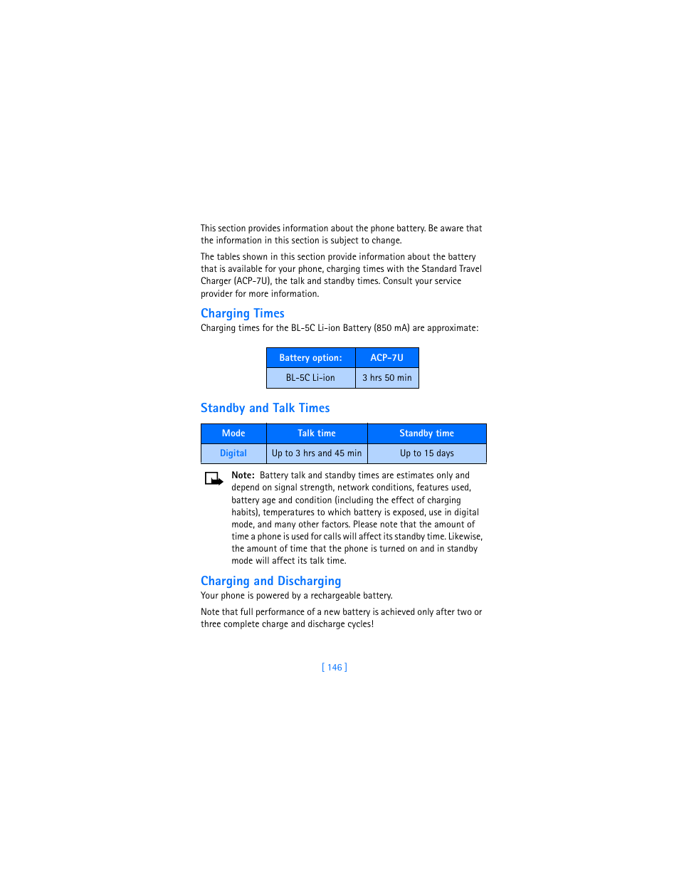 Charging times, Standby and talk times, Digital | Charging and discharging | Nokia 2280 User Manual | Page 154 / 194