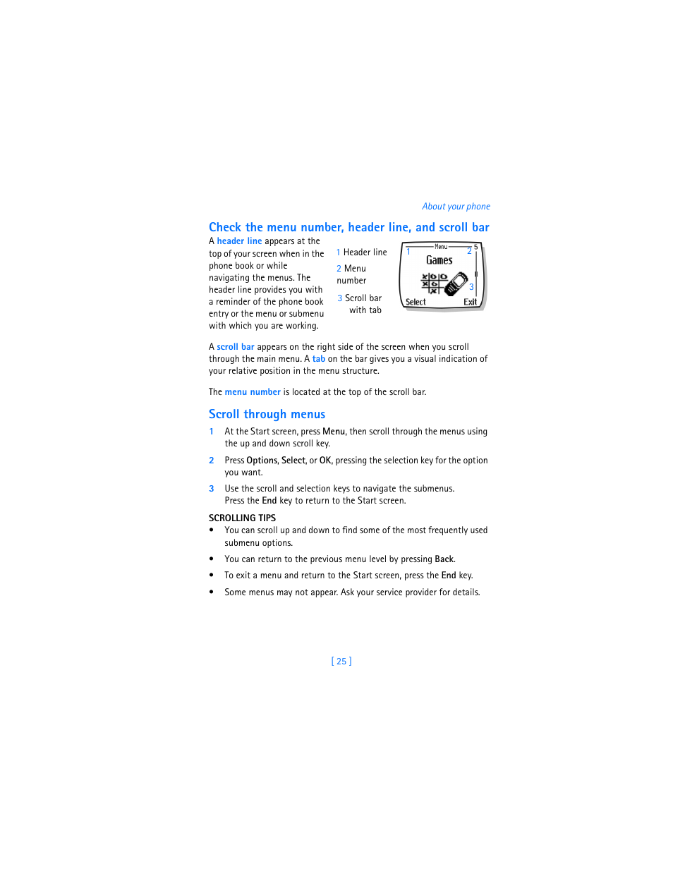 Check the menu number, header line, and scroll bar, Scroll through menus, Scrolling tips | Nokia 2280 User Manual | Page 33 / 194