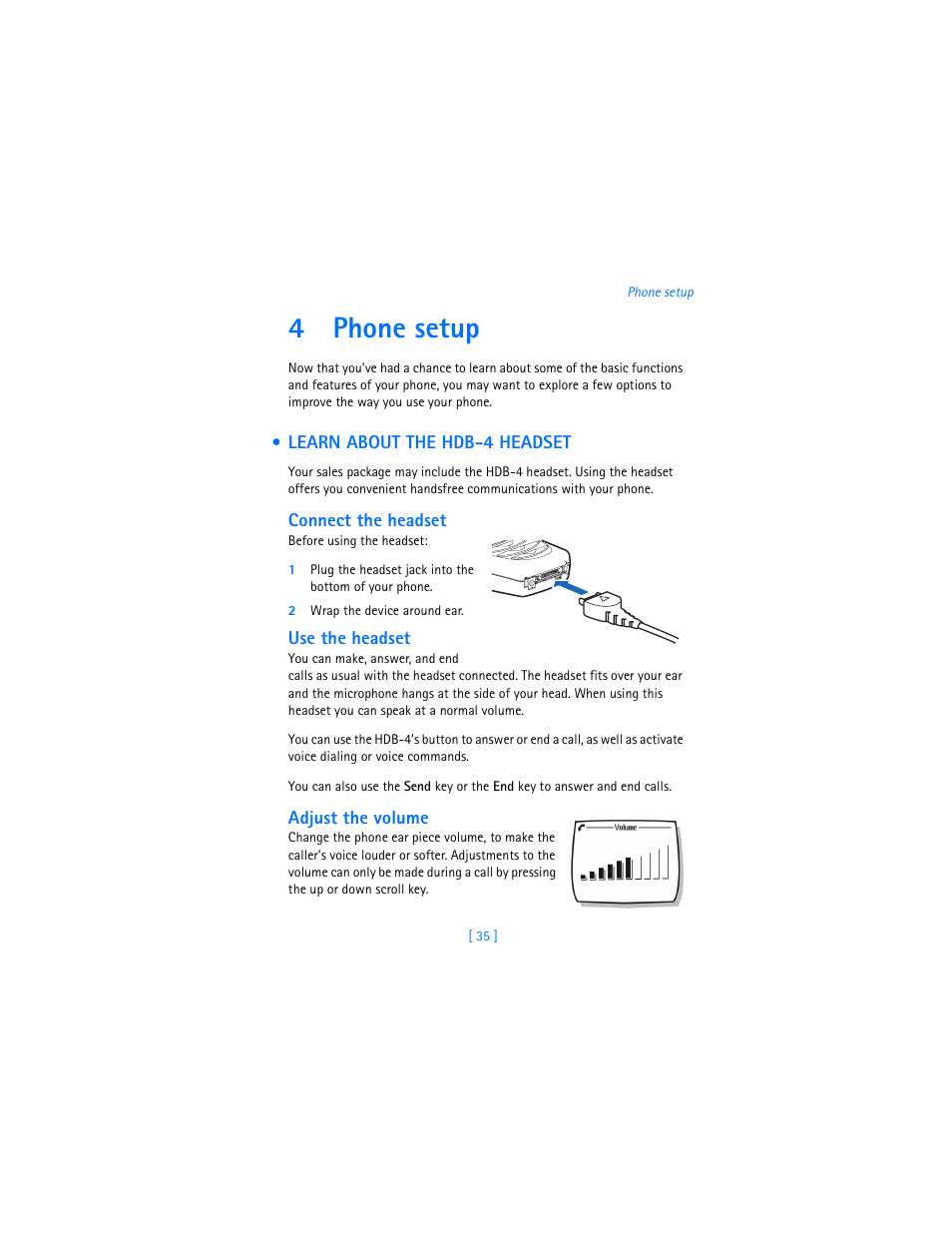 4 phone setup, Learn about the hdb-4 headset, Connect the headset | 2 wrap the device around ear, Use the headset, Adjust the volume, Phone setup, 4phone setup | Nokia 2280 User Manual | Page 43 / 194