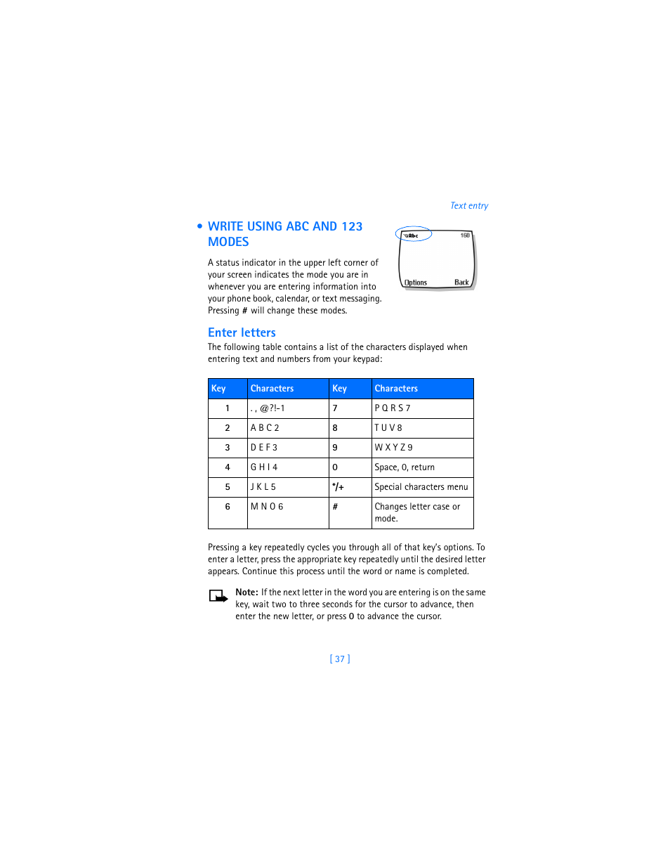 Write using abc and 123 modes, Enter letters | Nokia 2280 User Manual | Page 45 / 194