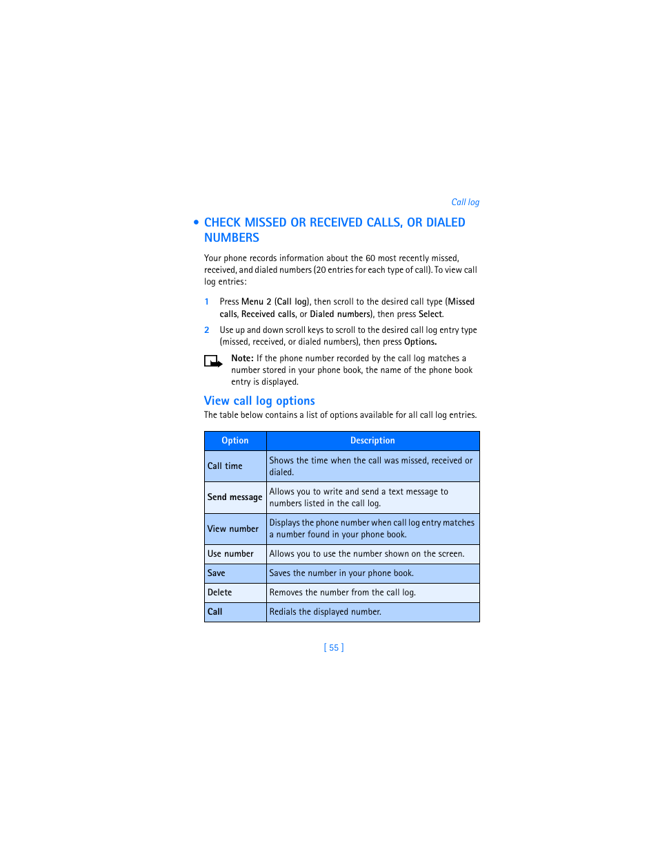 Check missed or received calls, or dialed numbers, View call log options | Nokia 2280 User Manual | Page 63 / 194