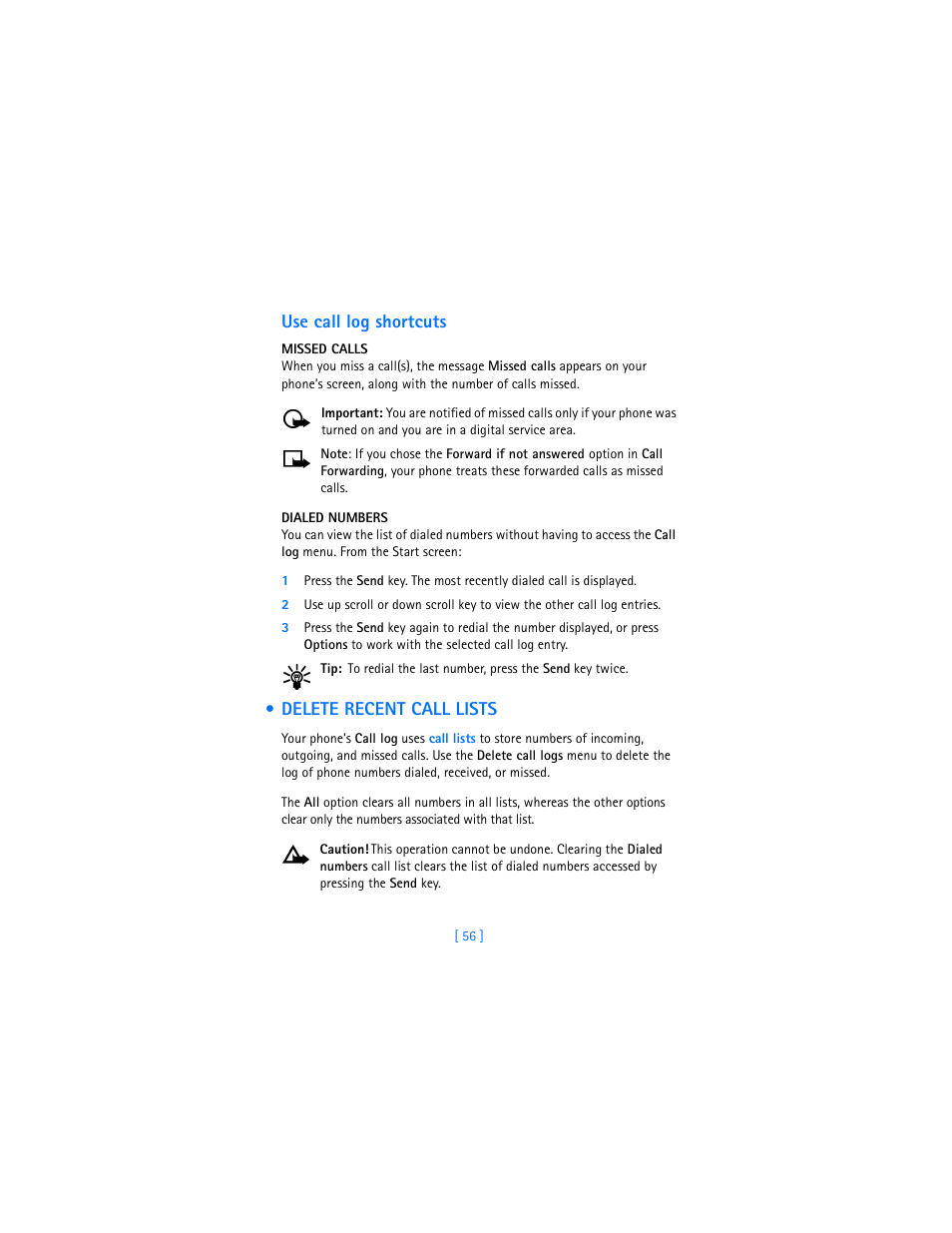 Use call log shortcuts, Missed calls, Dialed numbers | Delete recent call lists, Download a ringing tone | Nokia 2280 User Manual | Page 64 / 194