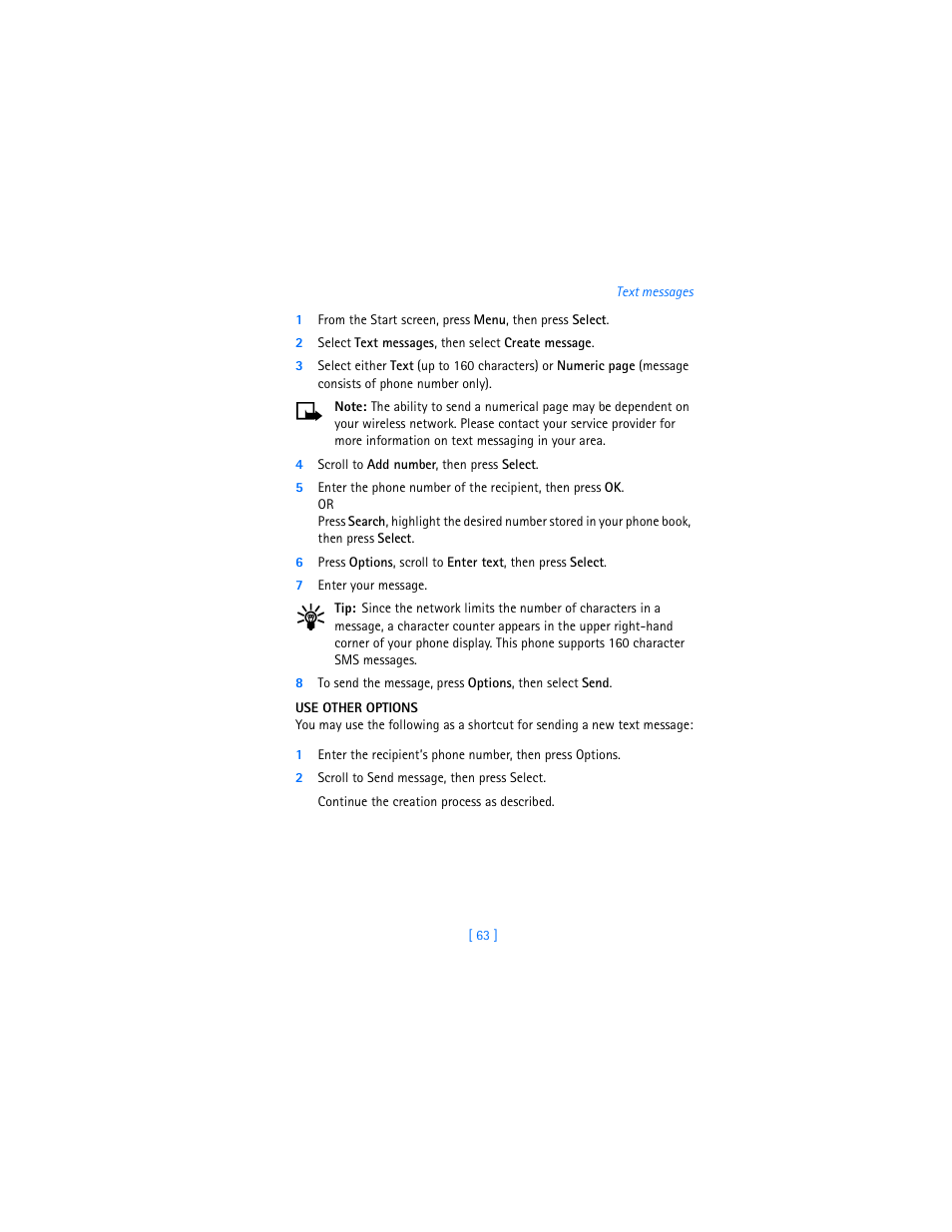 2 select text messages, then select create message, 4 scroll to add number, then press select, 7 enter your message | Use other options, 2 scroll to send message, then press select | Nokia 2280 User Manual | Page 71 / 194