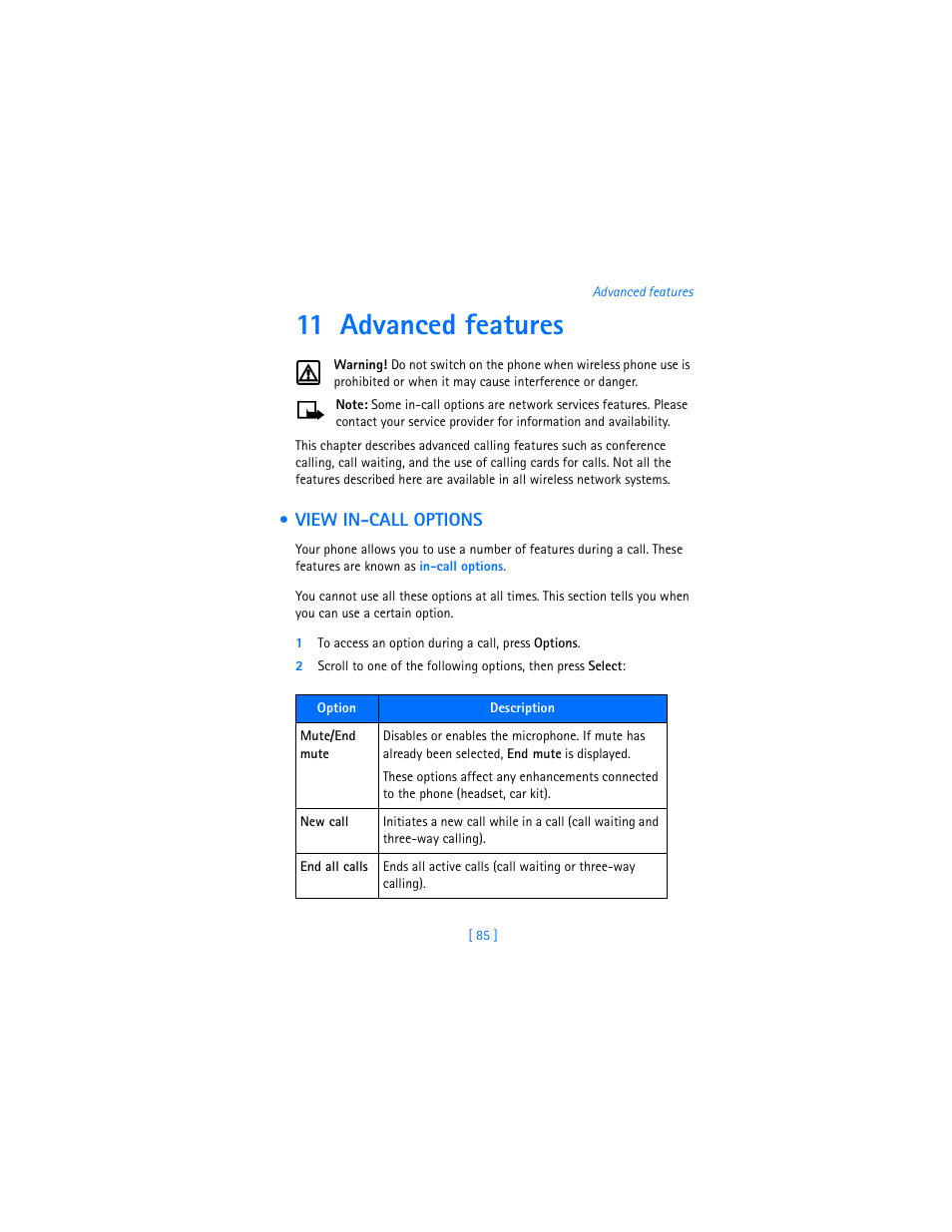 11 advanced features, View in-call options, 1 to access an option during a call, press options | Nokia 2280 User Manual | Page 93 / 194