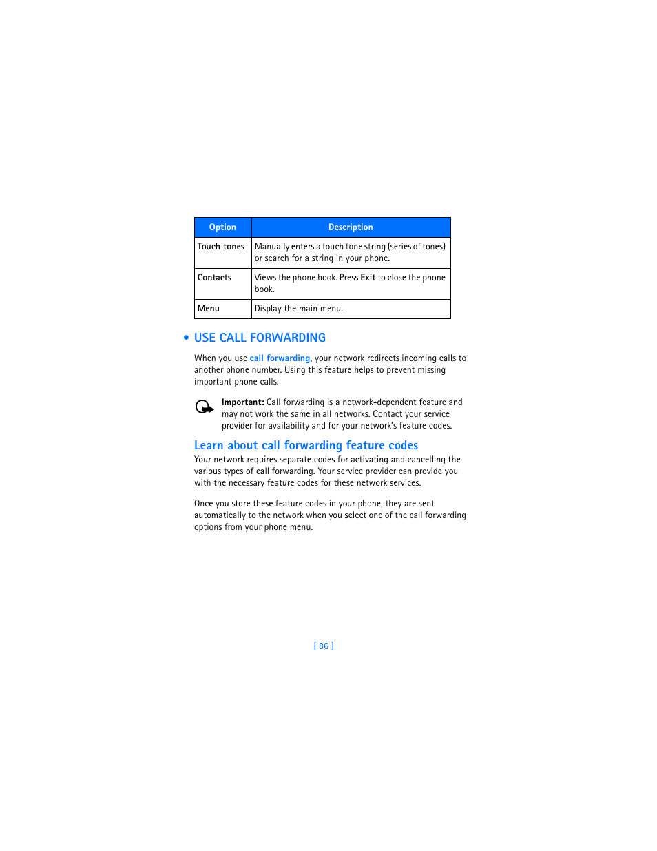 Use call forwarding, Learn about call forwarding feature codes | Nokia 2280 User Manual | Page 94 / 194