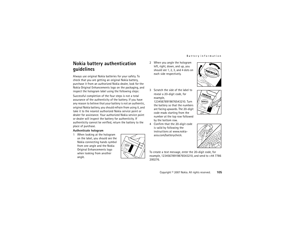 Nokia battery authentication guidelines | Nokia XpressMusic 5700 User Manual | Page 105 / 118