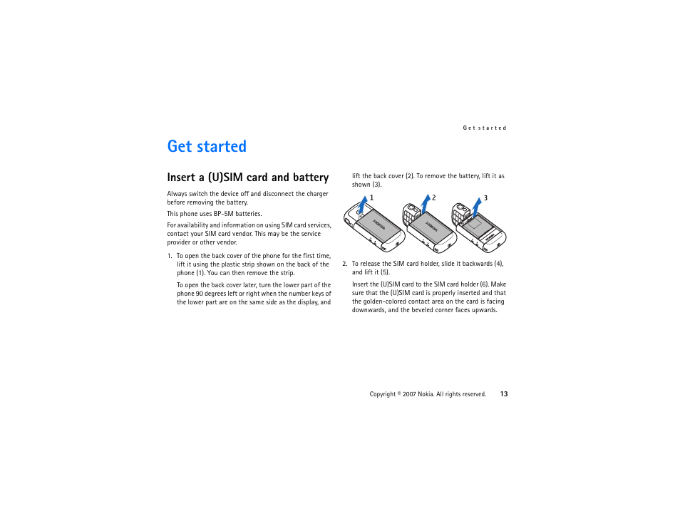 Get started, Insert a (u)sim card and battery | Nokia XpressMusic 5700 User Manual | Page 13 / 118