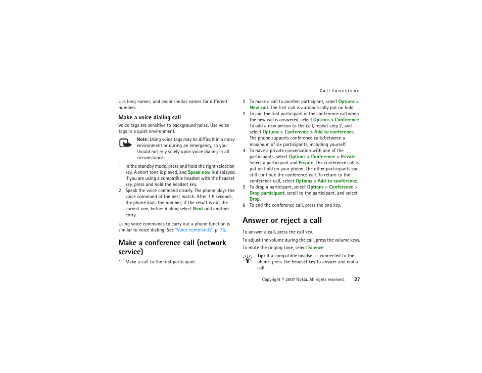 Make a conference call (network service), Answer or reject a call | Nokia XpressMusic 5700 User Manual | Page 27 / 118