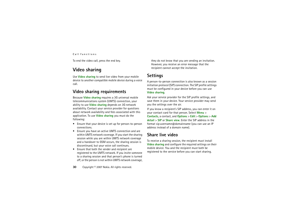 Video sharing, Video sharing requirements, Settings | Share live video | Nokia XpressMusic 5700 User Manual | Page 30 / 118