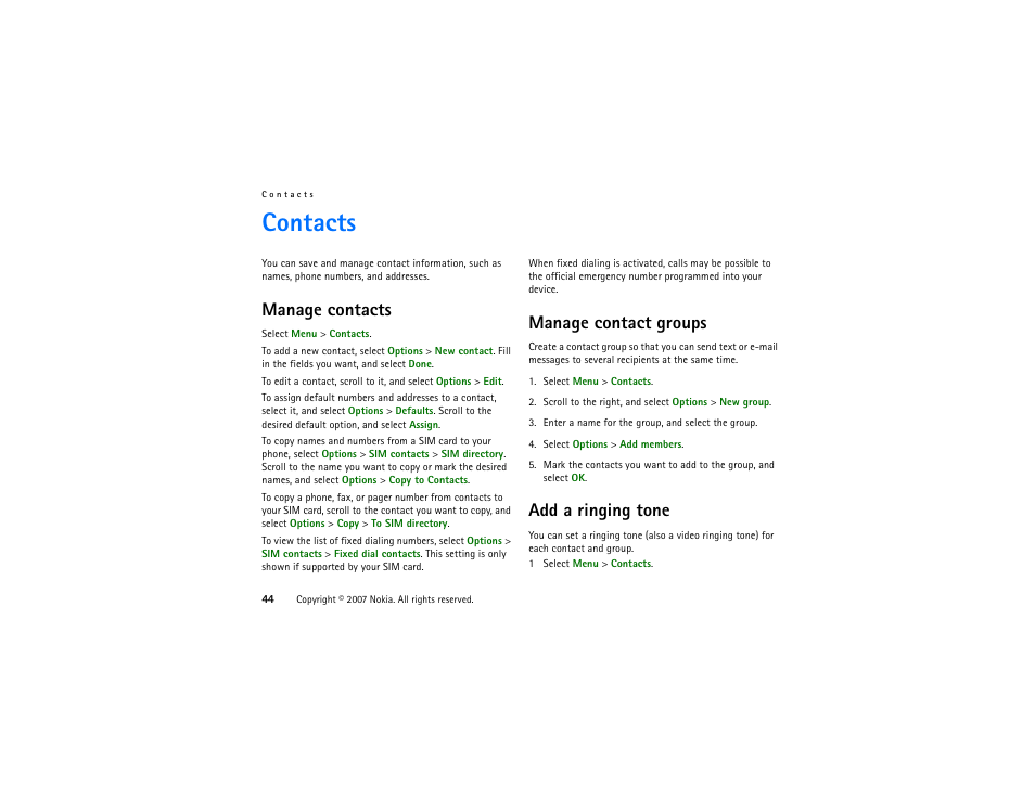 Contacts, Manage contacts, Manage contact groups | Add a ringing tone | Nokia XpressMusic 5700 User Manual | Page 44 / 118