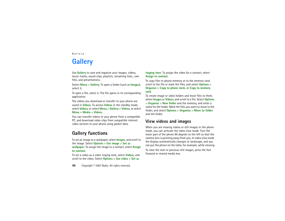 Gallery, Gallery functions, View videos and images | Nokia XpressMusic 5700 User Manual | Page 46 / 118