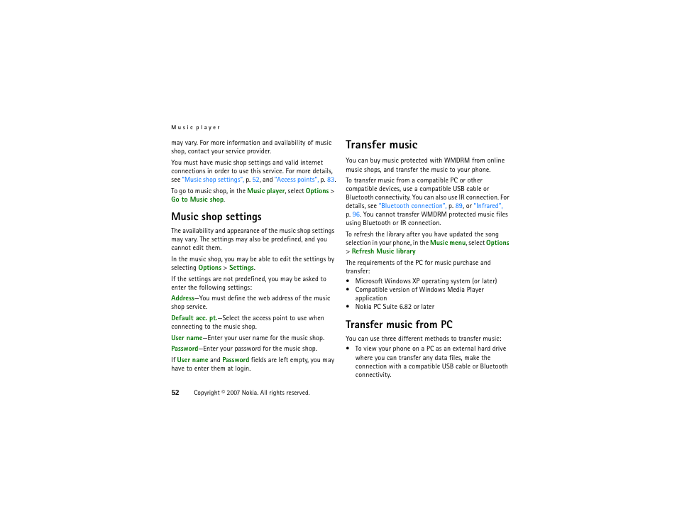 Music shop settings, Transfer music, Transfer music from pc | Nokia XpressMusic 5700 User Manual | Page 52 / 118