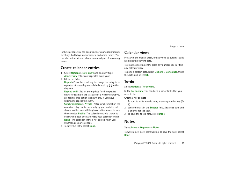 Create calendar entries, Calendar views, To-do | Notes, Create calendar entries calendar views to-do | Nokia XpressMusic 5700 User Manual | Page 71 / 118