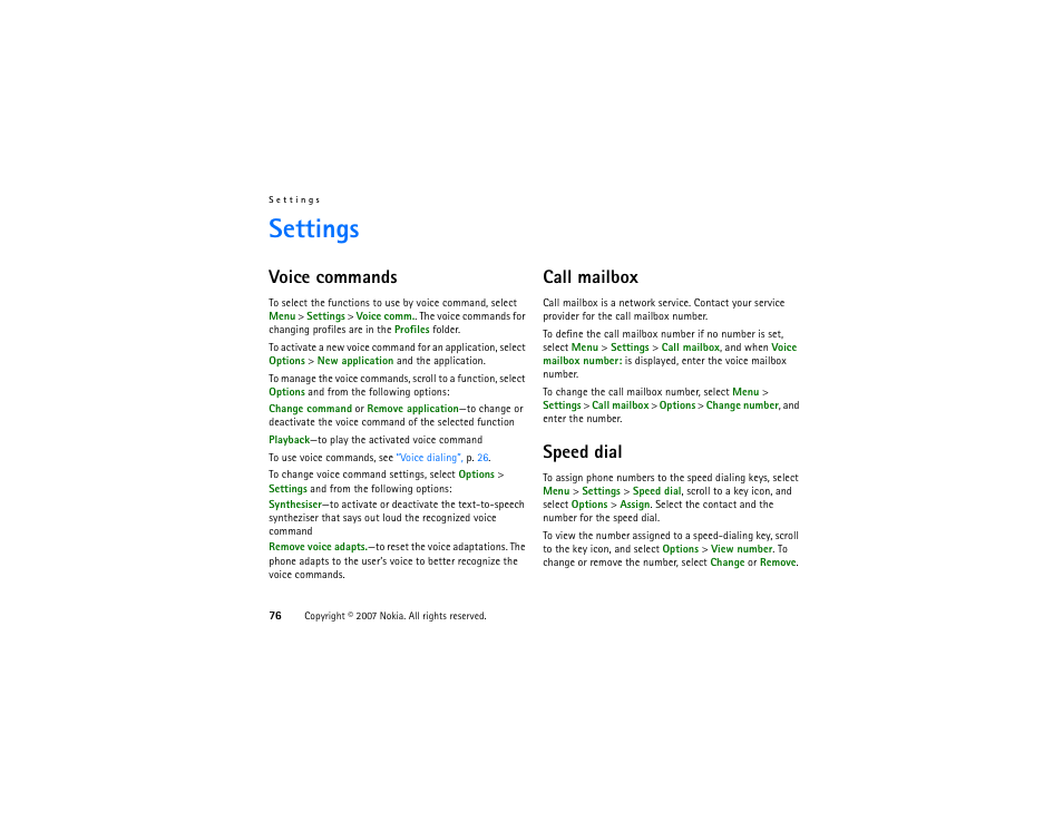Settings, Voice commands, Call mailbox | Speed dial, Voice commands call mailbox speed dial, Call, Mailbox | Nokia XpressMusic 5700 User Manual | Page 76 / 118