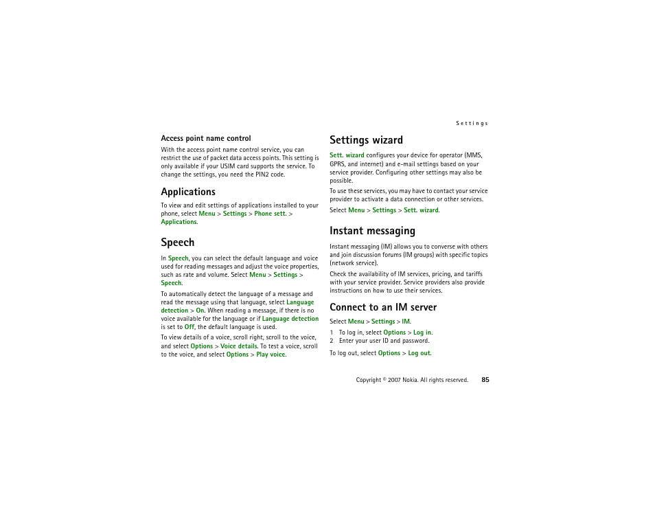 Applications, Speech, Settings wizard | Instant messaging, Connect to an im server, Speech settings wizard | Nokia XpressMusic 5700 User Manual | Page 85 / 118