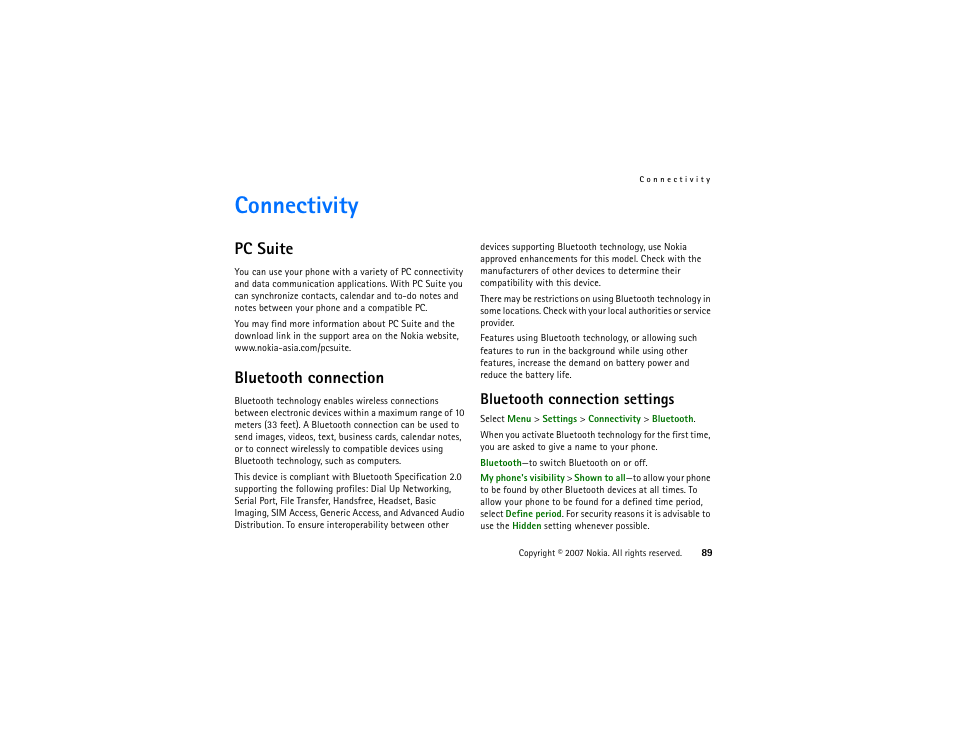 Connectivity, Pc suite, Bluetooth connection | Bluetooth connection settings, Pc suite bluetooth connection | Nokia XpressMusic 5700 User Manual | Page 89 / 118