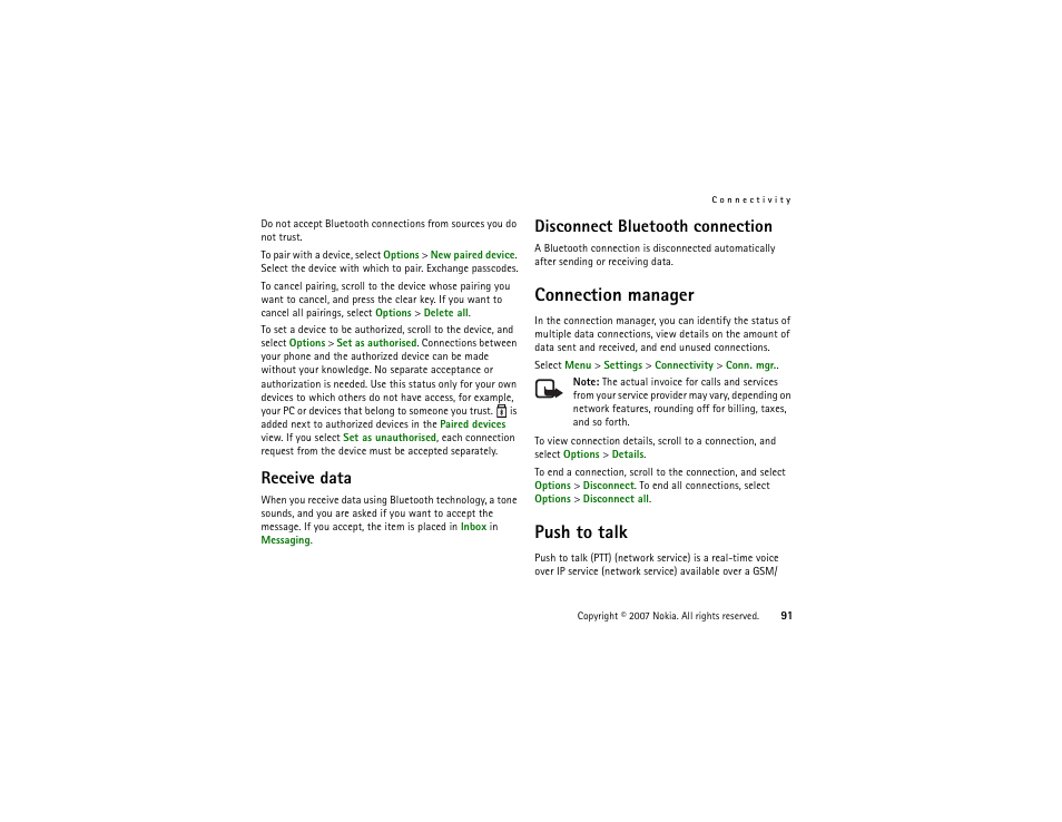 Receive data, Disconnect bluetooth connection, Connection manager | Push to talk, Receive data disconnect bluetooth connection, Connection manager push to talk | Nokia XpressMusic 5700 User Manual | Page 91 / 118