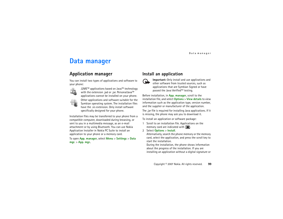 Data manager, Application manager, Install an application | Nokia XpressMusic 5700 User Manual | Page 99 / 118