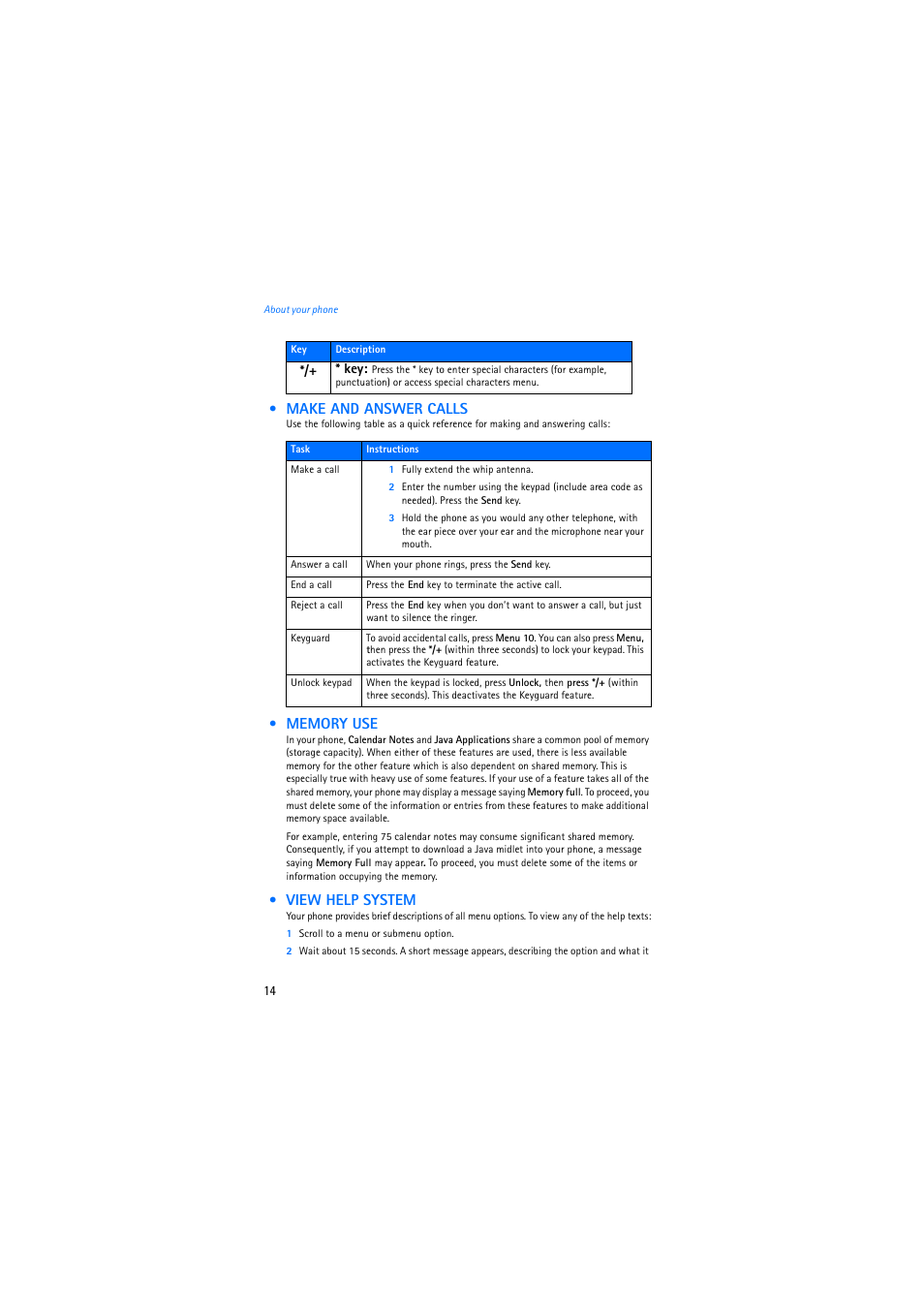 Make and answer calls, Memory use, View help system | Nokia 2275 User Manual | Page 14 / 87