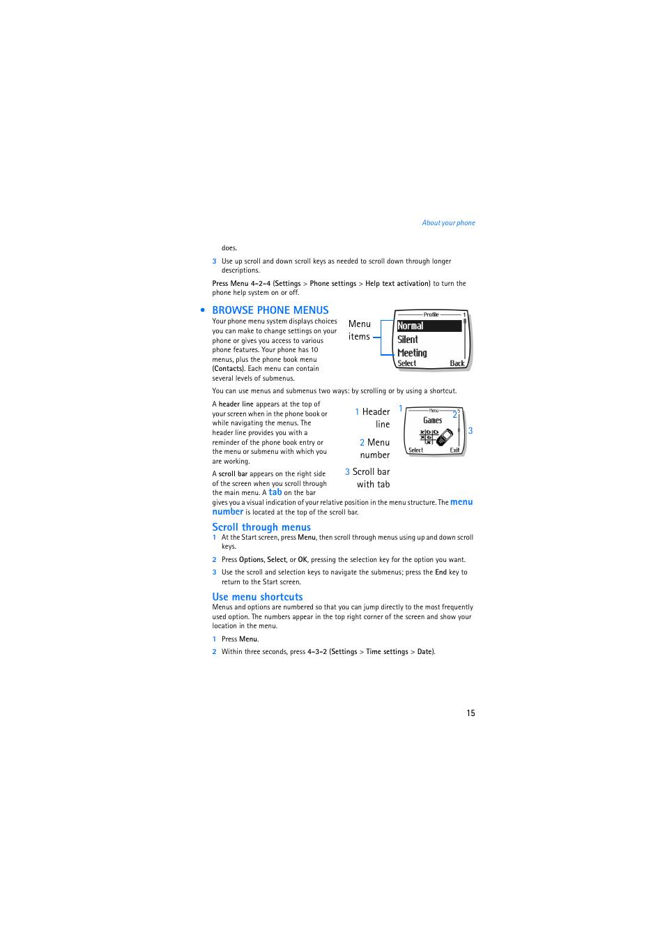 Browse phone menus | Nokia 2275 User Manual | Page 15 / 87