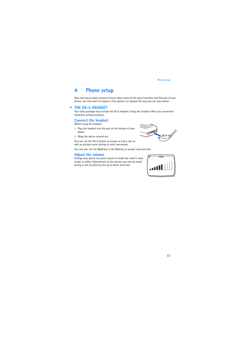 4 phone setup, The hs-5 headset, 4phone setup | Nokia 2275 User Manual | Page 17 / 87