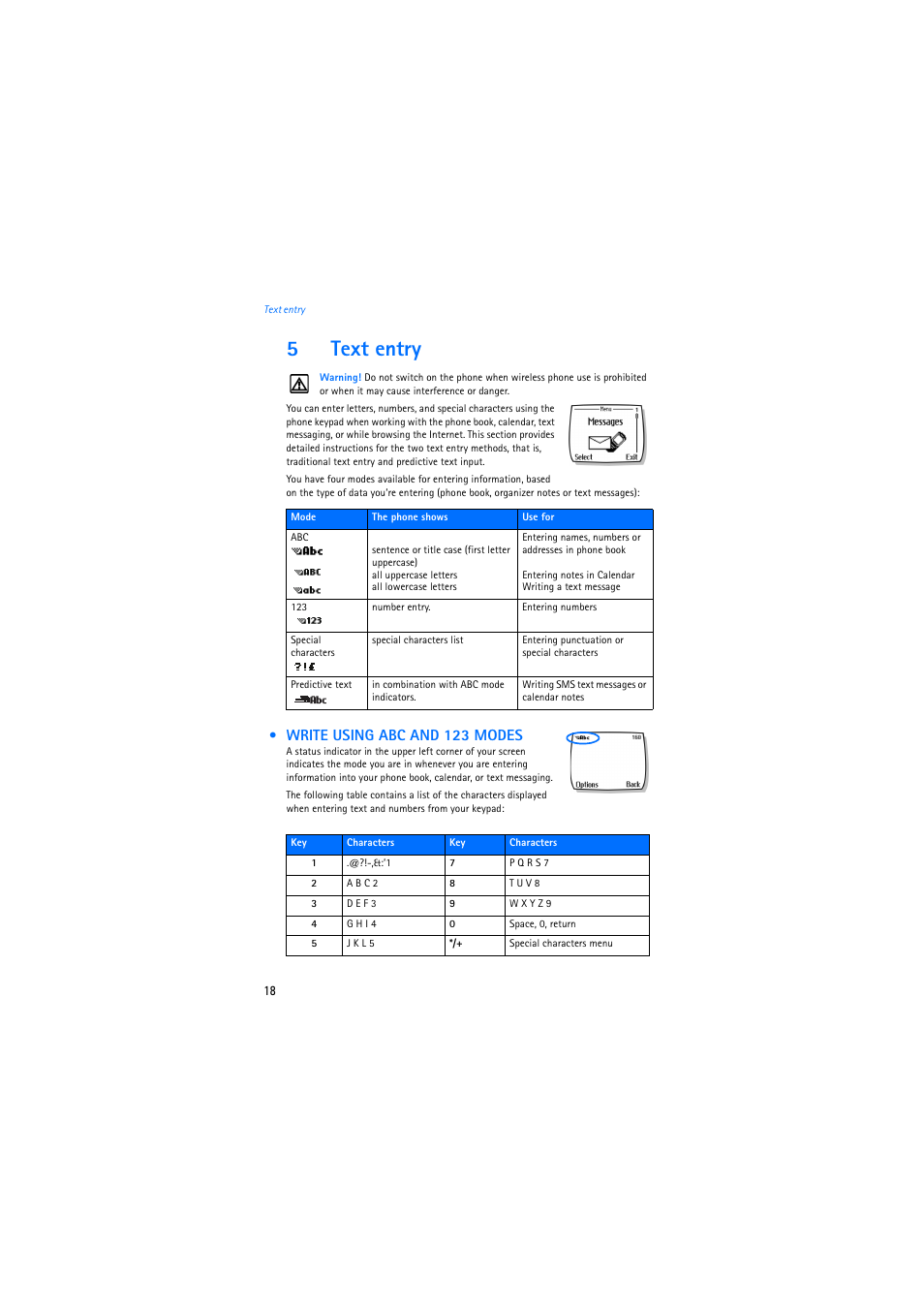 5 text entry, Write using abc and 123 modes, 5text entry | Nokia 2275 User Manual | Page 18 / 87