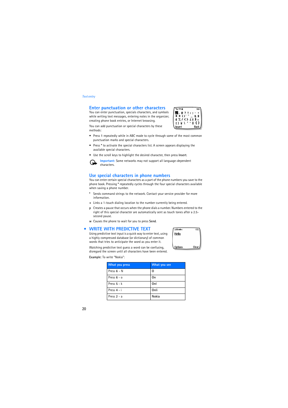 Write with predictive text, Enter punctuation or other characters, Use special characters in phone numbers | Nokia 2275 User Manual | Page 20 / 87