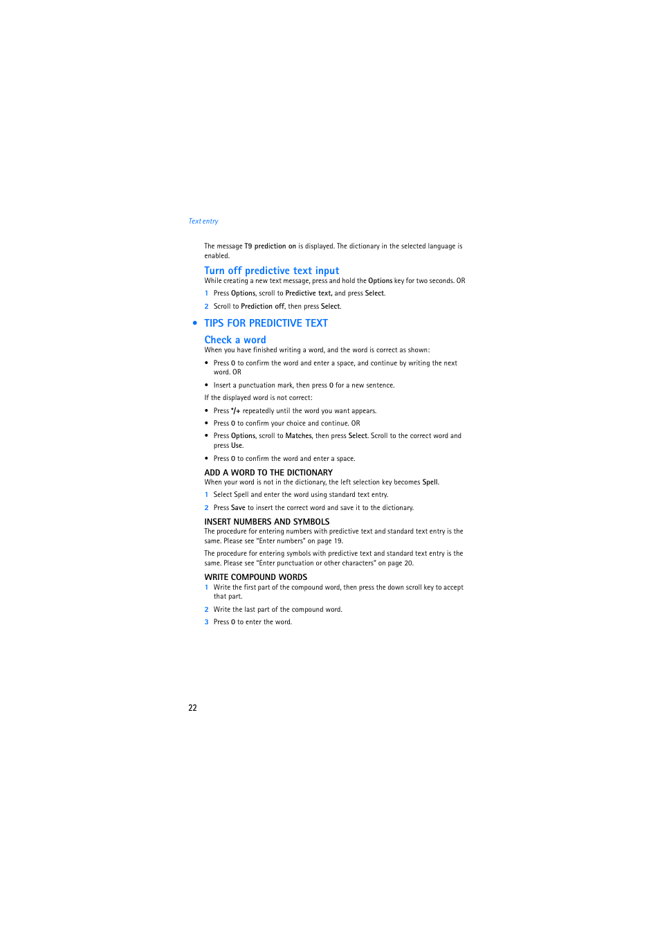 Tips for predictive text, Turn off predictive text input, Tips for predictive text check a word | Nokia 2275 User Manual | Page 22 / 87