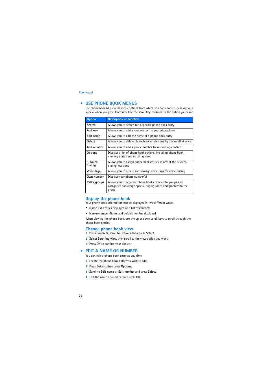 Use phone book menus, Edit a name or number, Display the phone book | Change phone book view | Nokia 2275 User Manual | Page 24 / 87