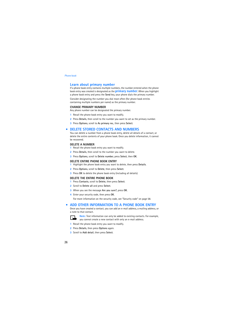 Delete stored contacts and numbers, Add other information to a phone book entry, Learn about primary number | Nokia 2275 User Manual | Page 26 / 87