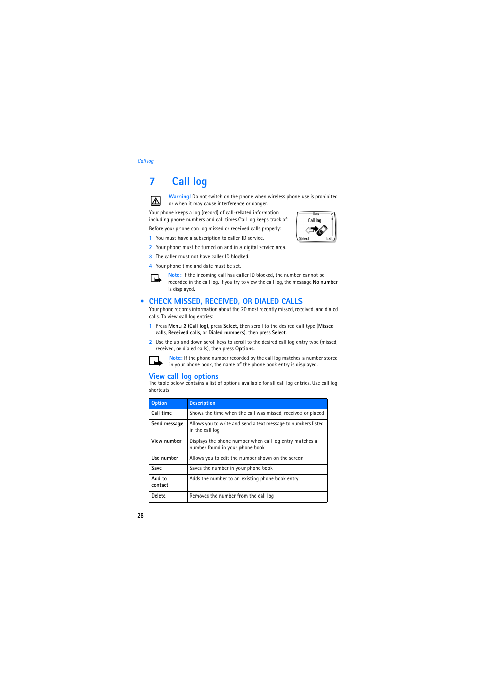 7 call log, Check missed, received, or dialed calls, 7call log | Nokia 2275 User Manual | Page 28 / 87