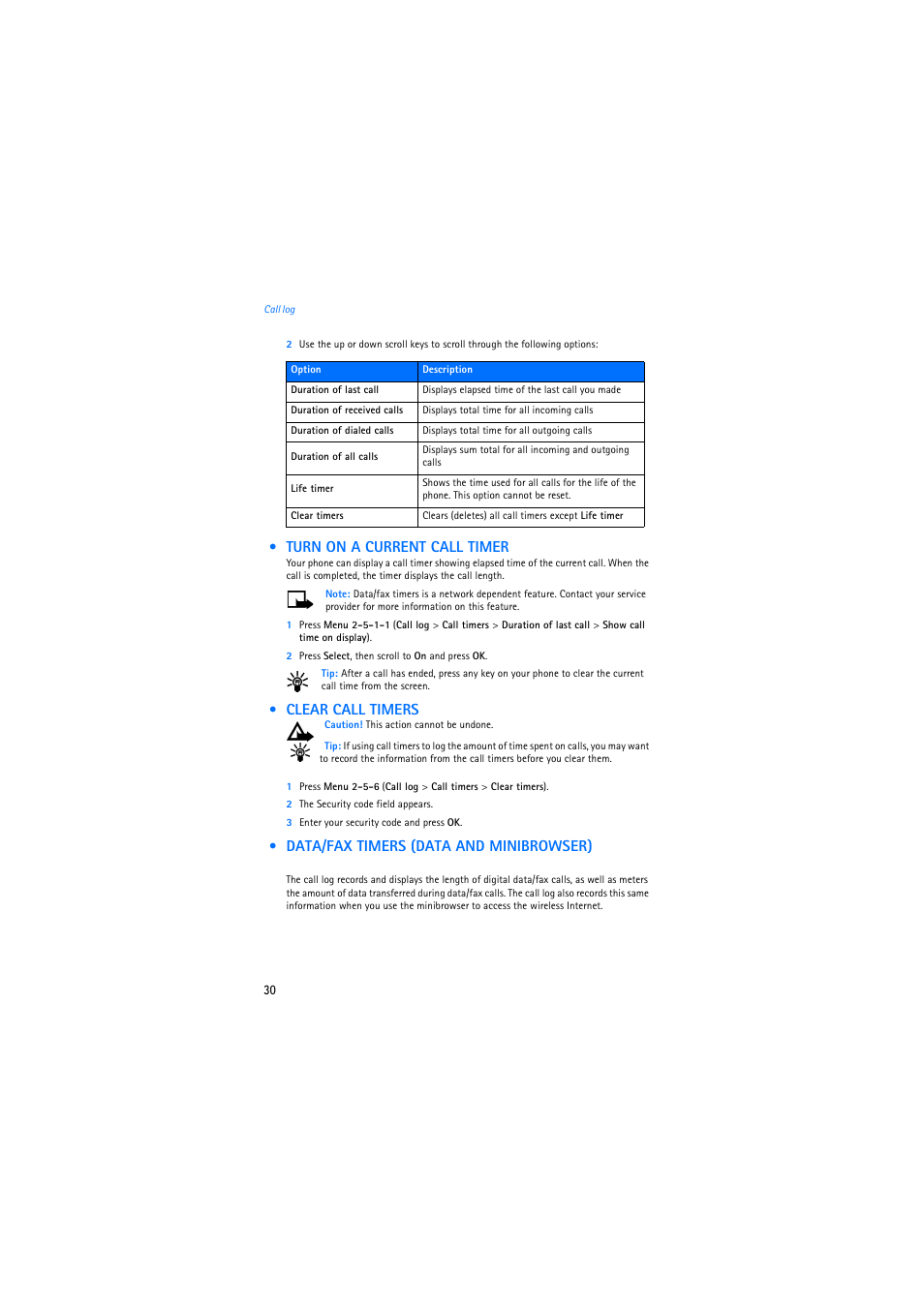 Turn on a current call timer, Clear call timers, Data/fax timers (data and minibrowser) | Nokia 2275 User Manual | Page 30 / 87