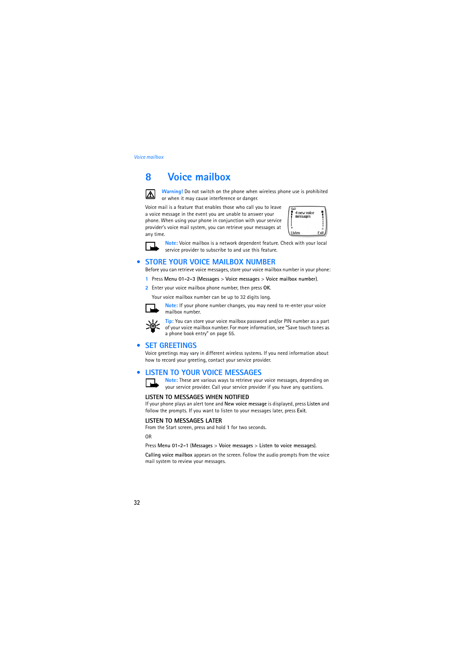 8 voice mailbox, Store your voice mailbox number, Set greetings | Listen to your voice messages, 8voice mailbox | Nokia 2275 User Manual | Page 32 / 87