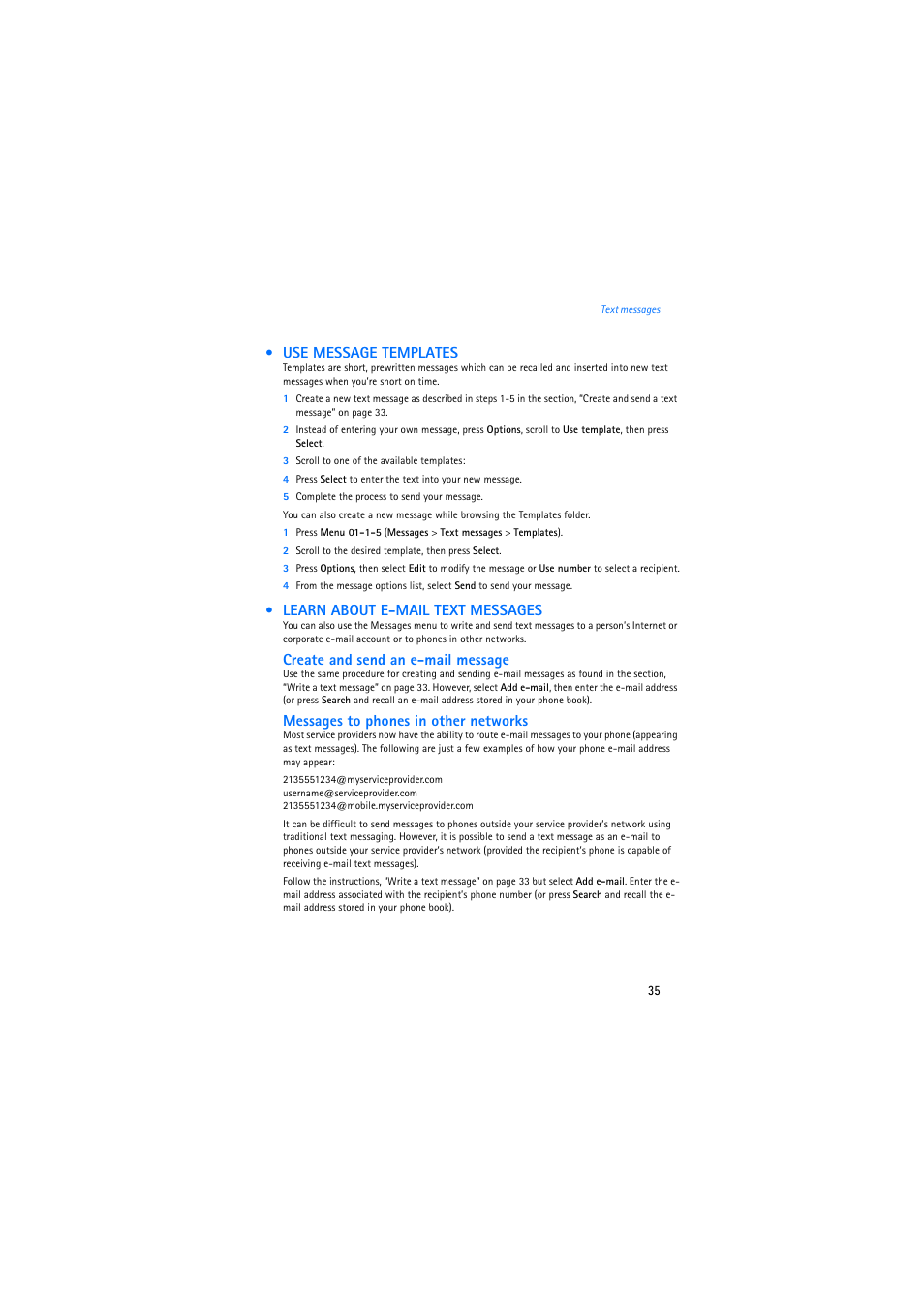 Use message templates, Learn about e-mail text messages | Nokia 2275 User Manual | Page 35 / 87