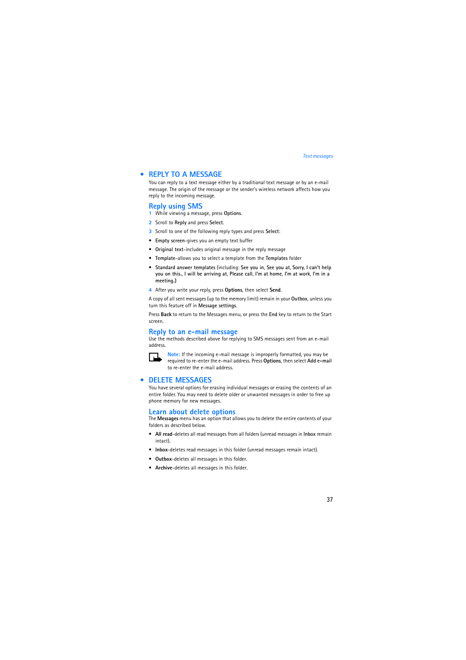 Reply to a message, Delete messages | Nokia 2275 User Manual | Page 37 / 87