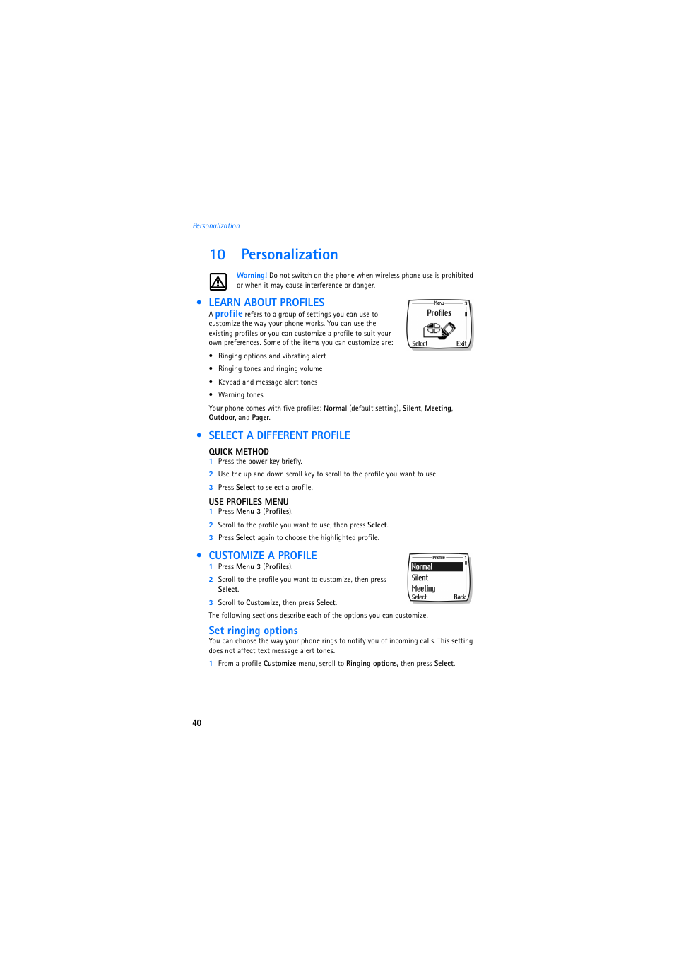 10 personalization, Learn about profiles, Select a different profile | Customize a profile | Nokia 2275 User Manual | Page 40 / 87