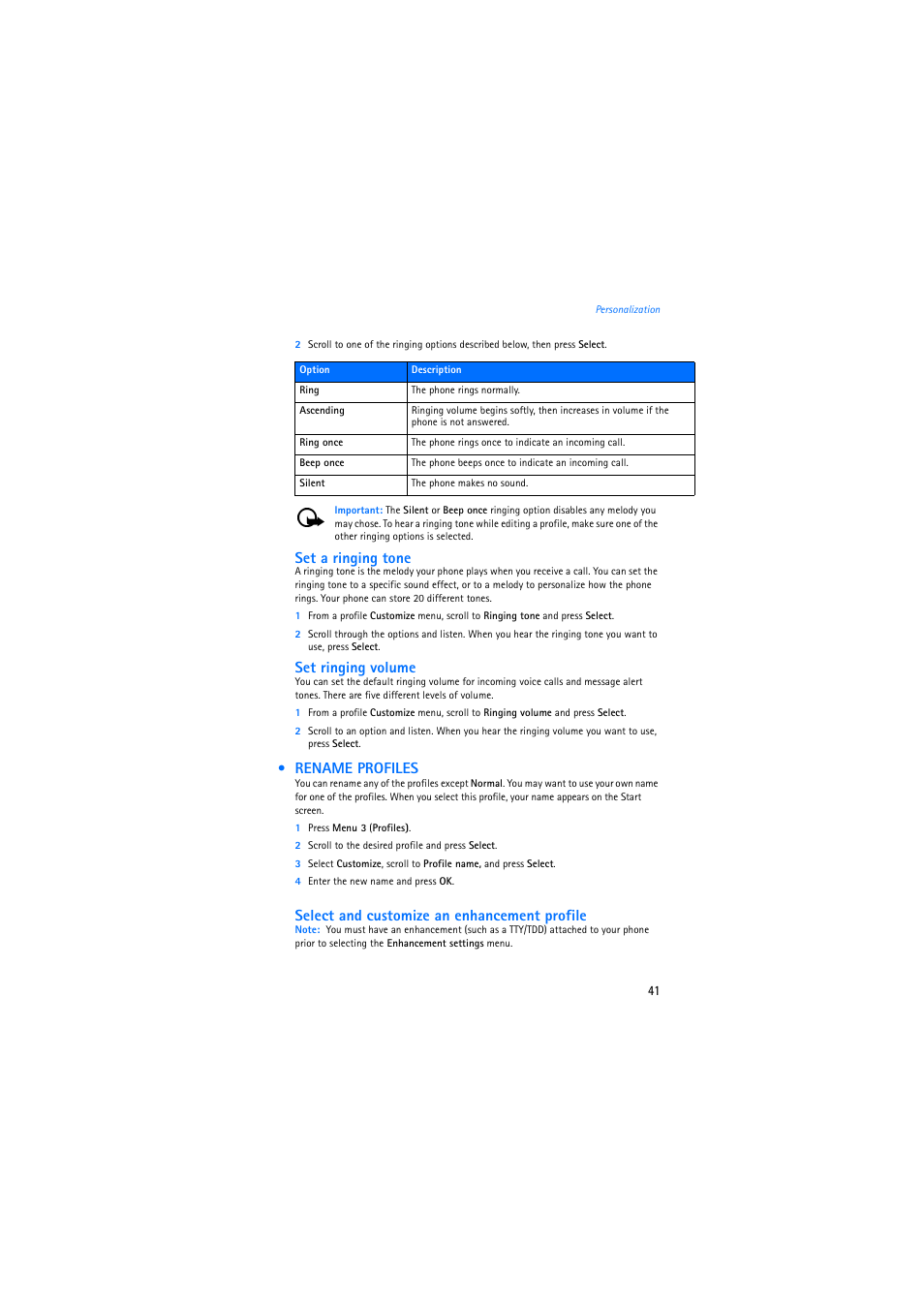 Rename profiles, Set a ringing tone, Set ringing volume | Select and customize an enhancement profile | Nokia 2275 User Manual | Page 41 / 87