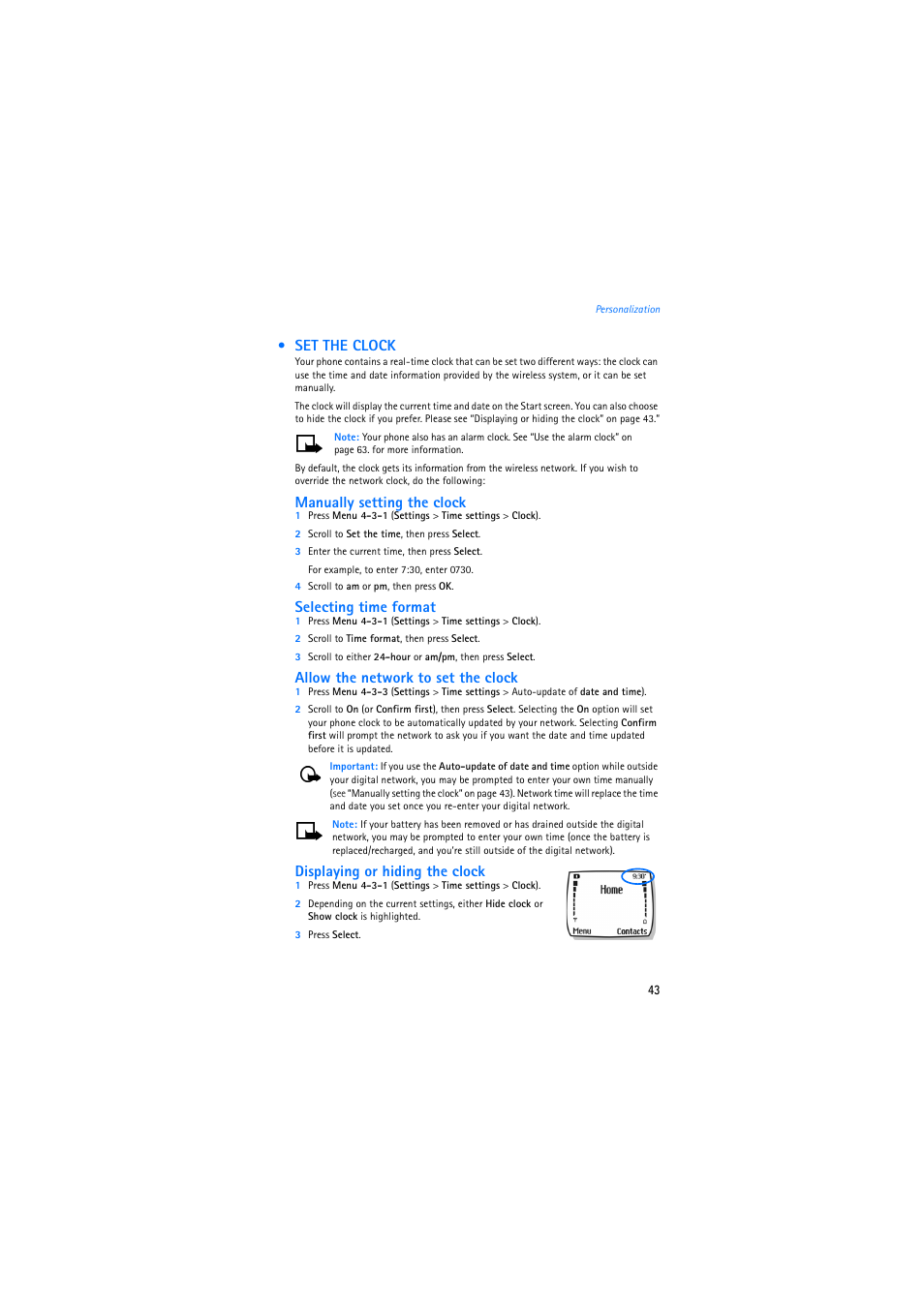 Set the clock, Manually setting the clock, Selecting time format | Allow the network to set the clock, Displaying or hiding the clock | Nokia 2275 User Manual | Page 43 / 87