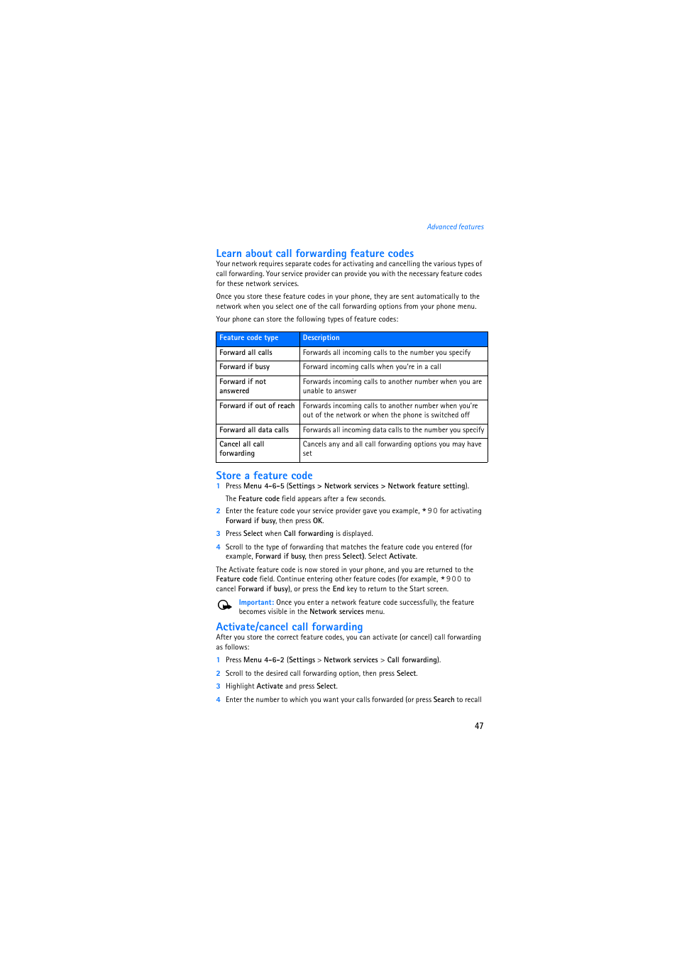 Learn about call forwarding feature codes, Store a feature code, Activate/cancel call forwarding | Nokia 2275 User Manual | Page 47 / 87